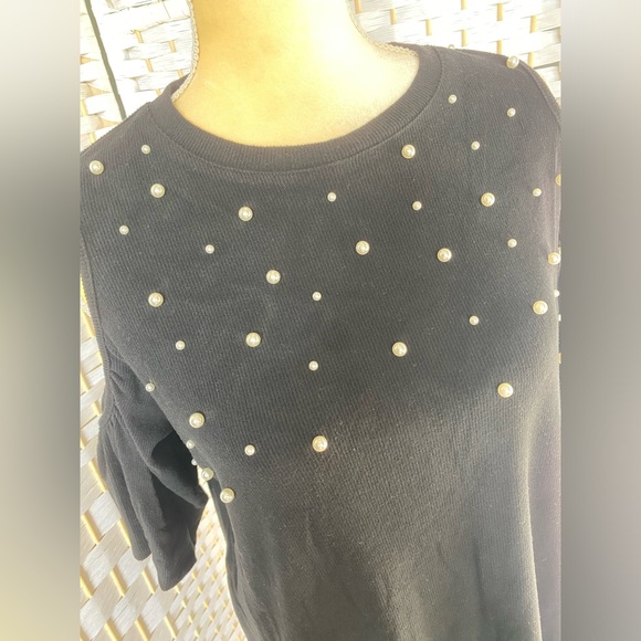 NWT Hem & Thread Cold Shoulder Pearl Trimmed Brushed Rib Dress MIDI Black - Picture 5 of 10